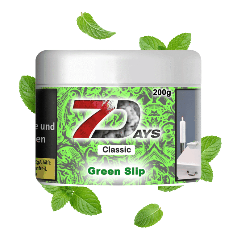 7 Days Classic Green Slip 200g Shisha Tabak mit Minz-Geschmack – Dose mit schwebenden Minzblättern