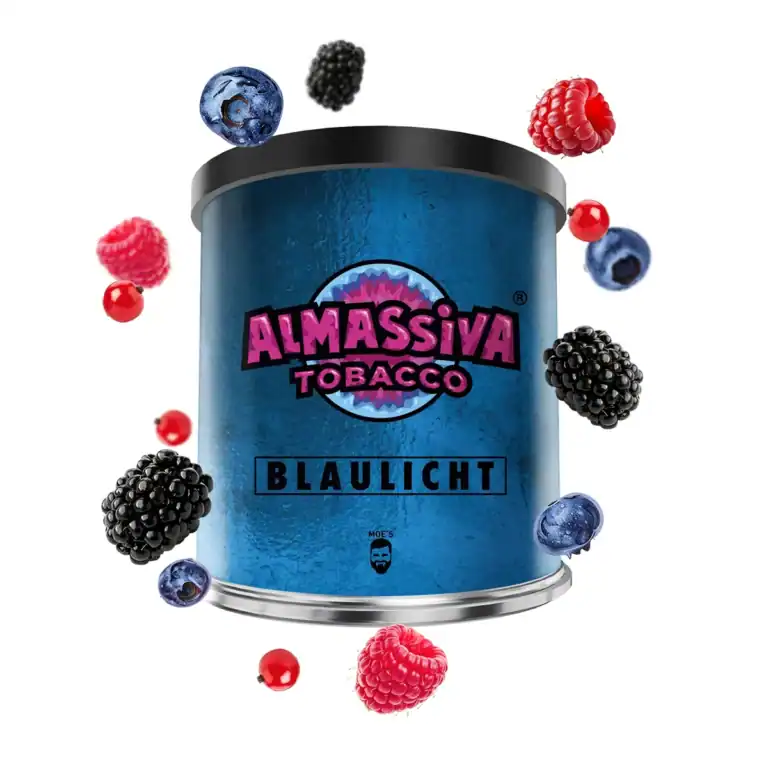 Tabaco para shisha Al Massiva Blue Light en lata de 200 g con frutos rojos.