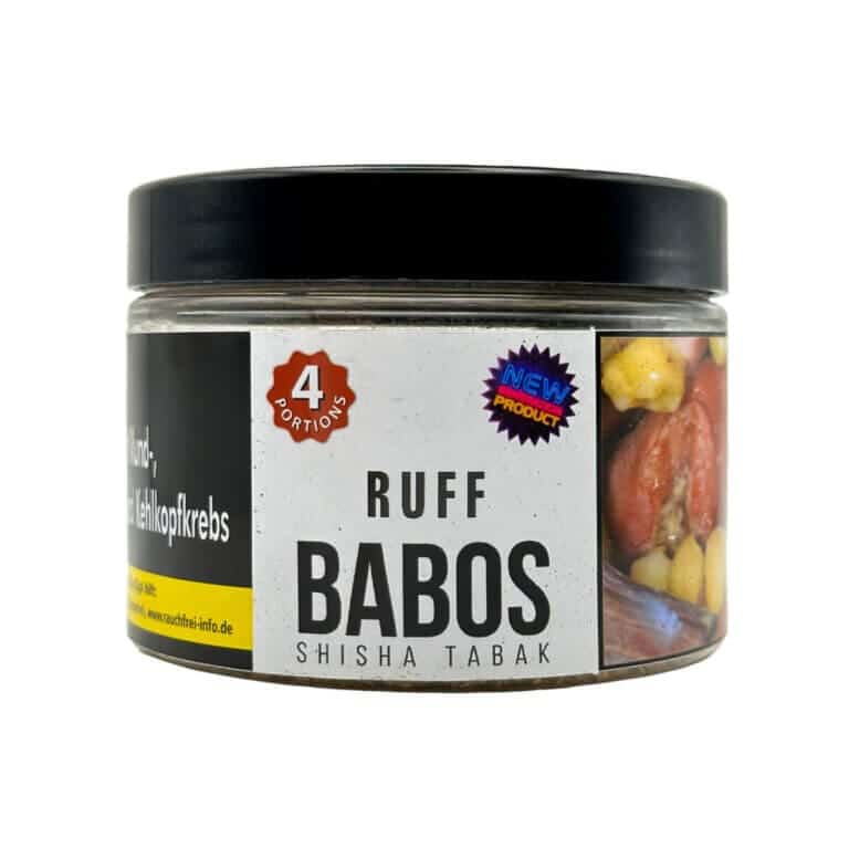 Babos Shisha Tabak 25g, Ruff, mit bunten Fruchtstücken, für aromatischen Rauchgenuss.