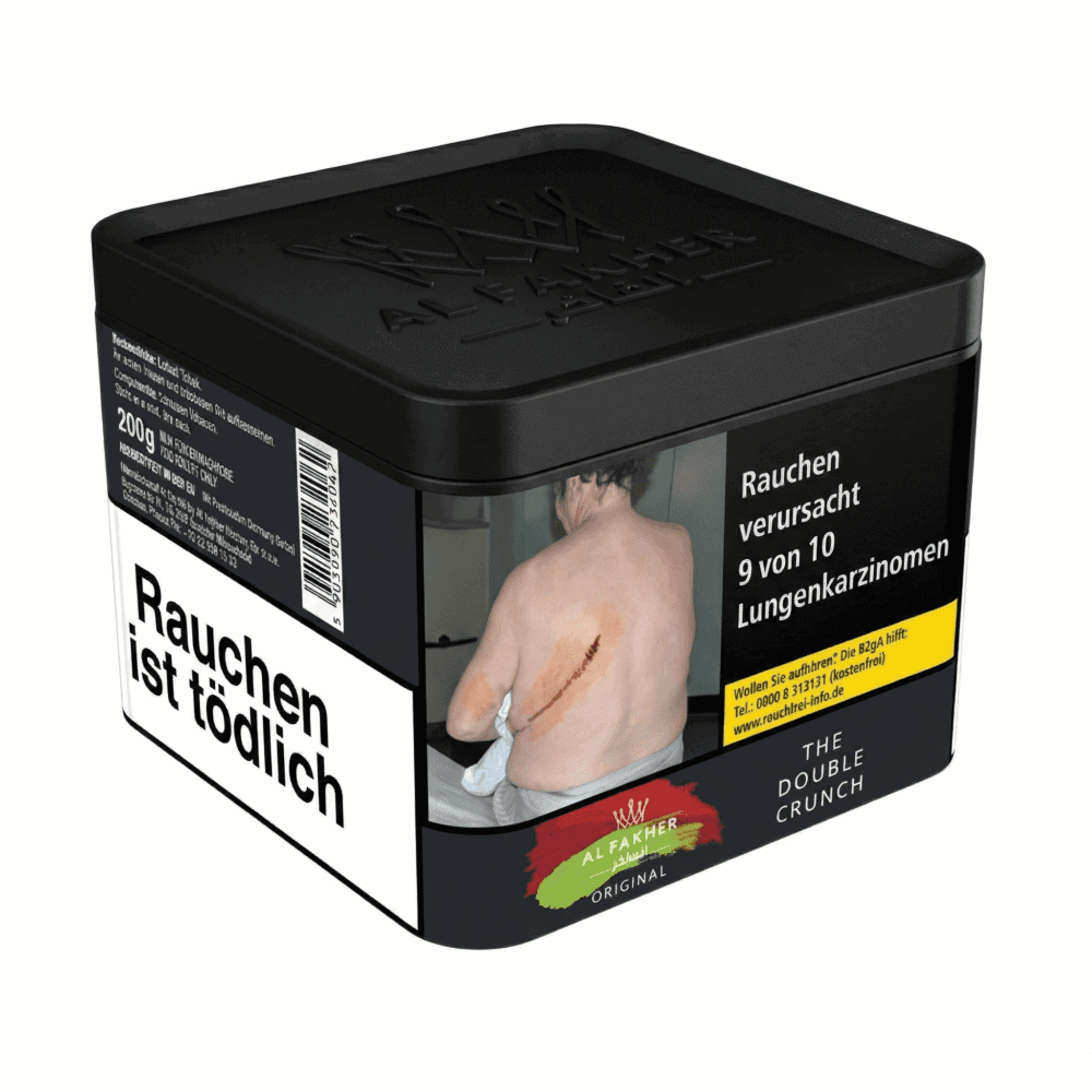 Shisha Tabakdose AL FAKHER The Double Crunch, 200g, mit Warnhinweis.