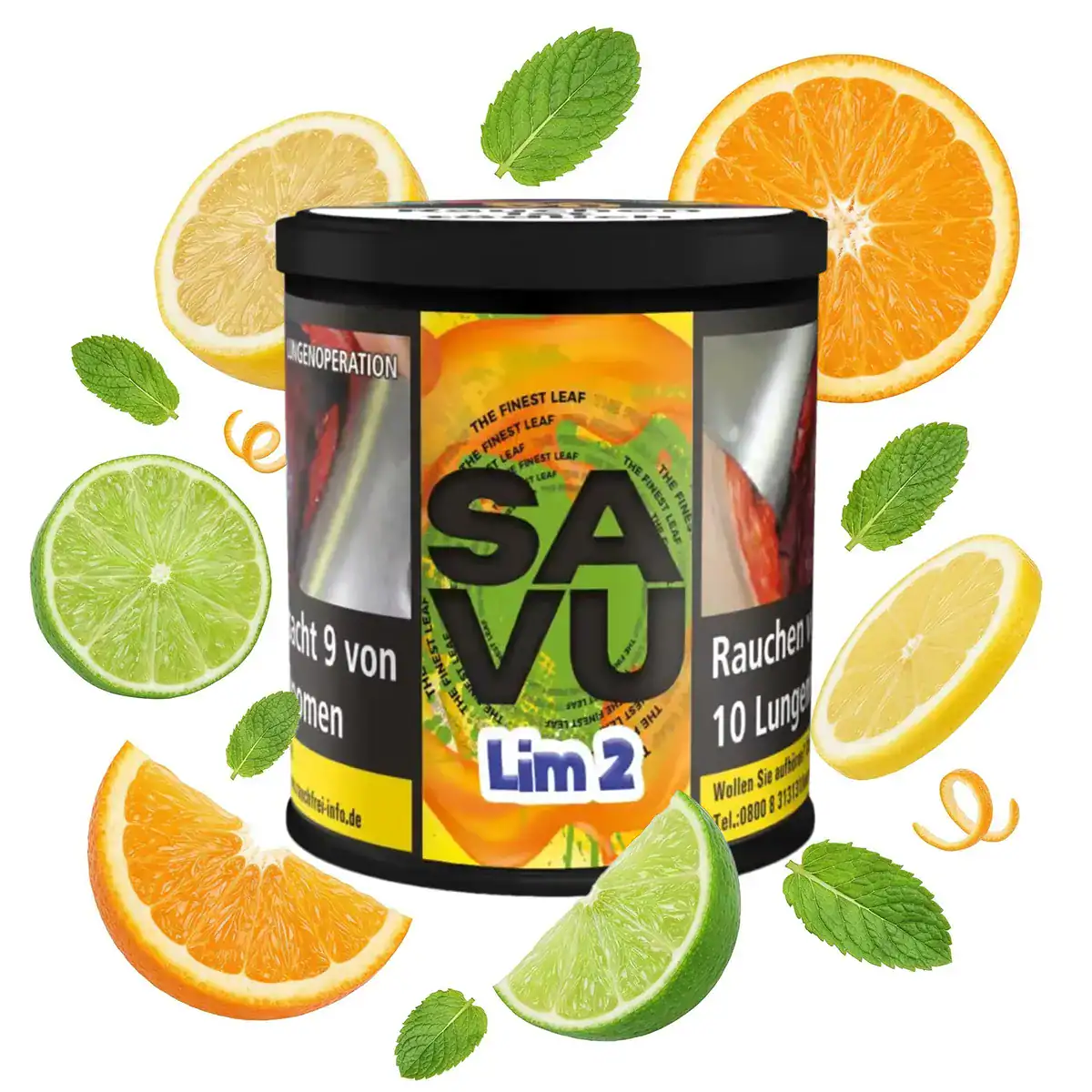 Savu Shisha Tabak 200g Virginia zum günstigen Preis inder 200g Dose. Erinnert an Nimm2 Bonbons. Limette, Zitrone, Orange und Minze.
