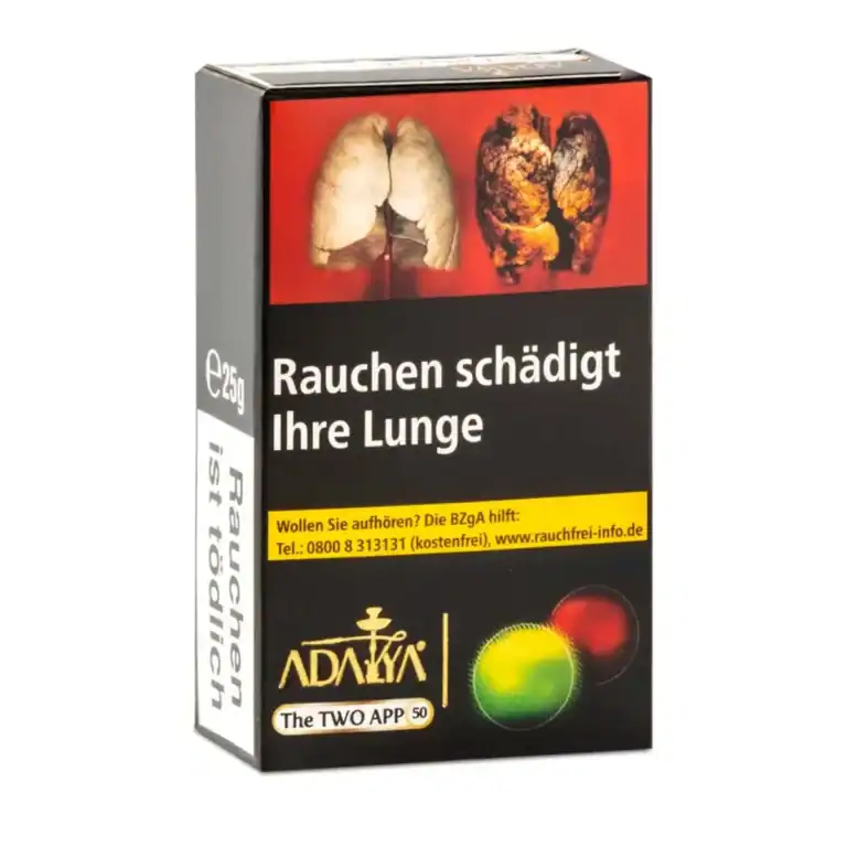 Zigarettenschachtel mit Warnhinweis und Adalya Tabak 25g - The Two App.