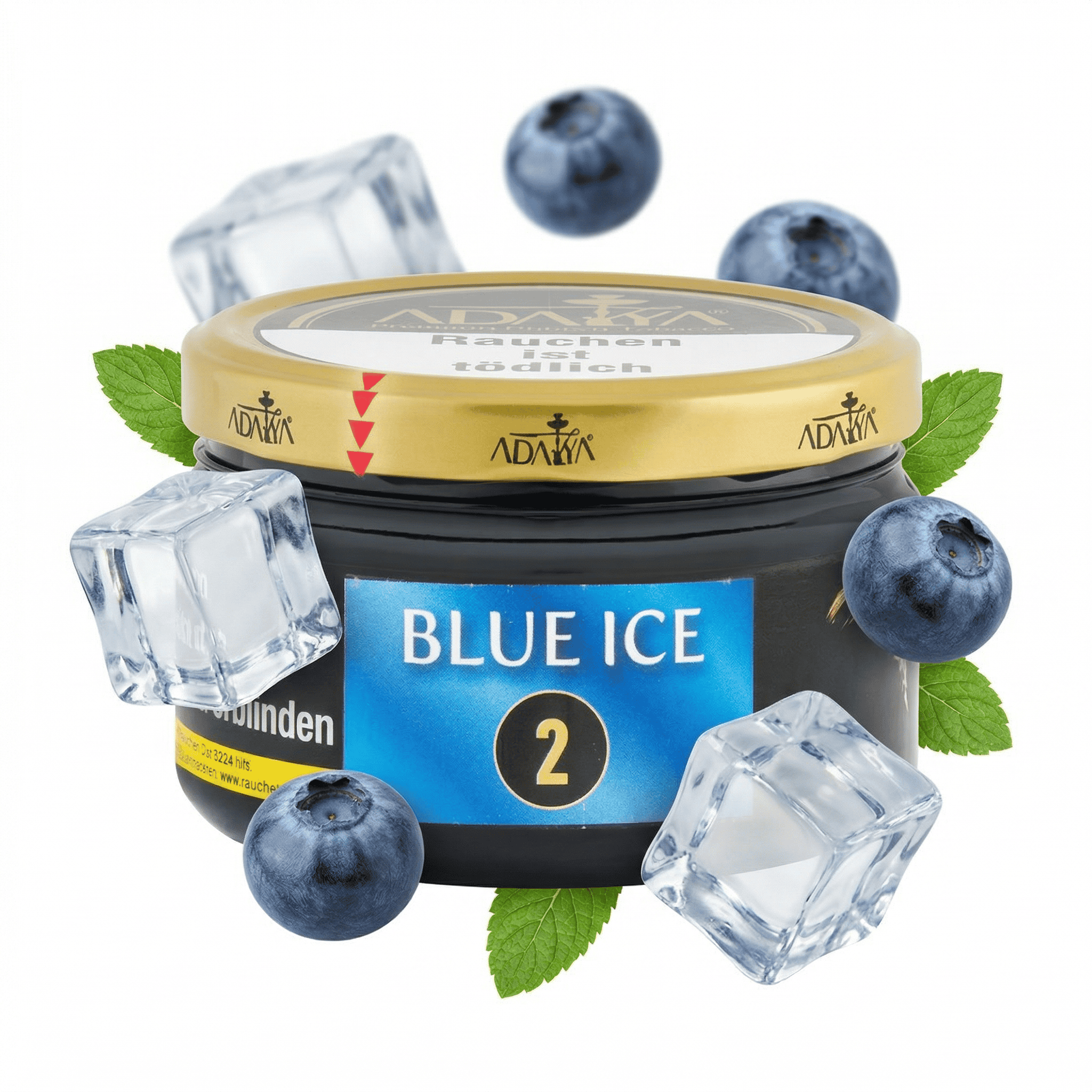 Frischer Blue Ice Shisha Tabak mit Heidelbeeren und Eiswürfeln.