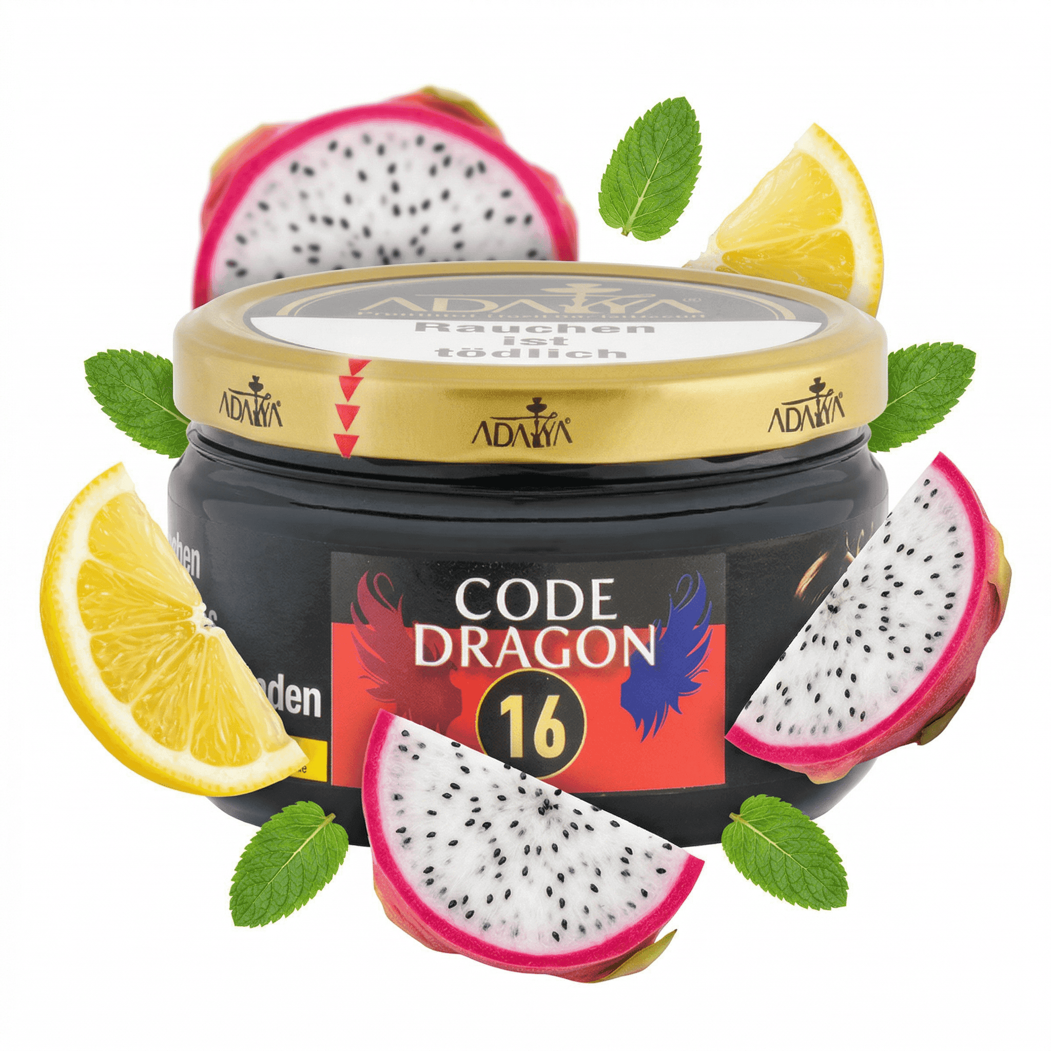 Hochwertiger Shisha-Tabak mit Dragon-Motiv, 16er Packung, fruchtiger Geschmack.