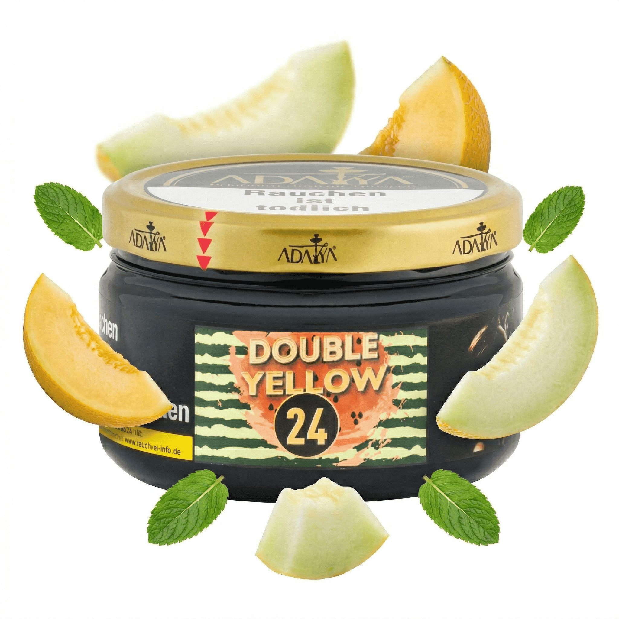 Double Yellow 24 Shisha Tabak in schwarzem Behälter mit Melonen- und Minzblättern.