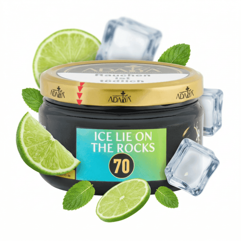 Shisha-Tabak mit Limetten- und Minzgeschmack, Eiswürfel, frische Minzblätter.