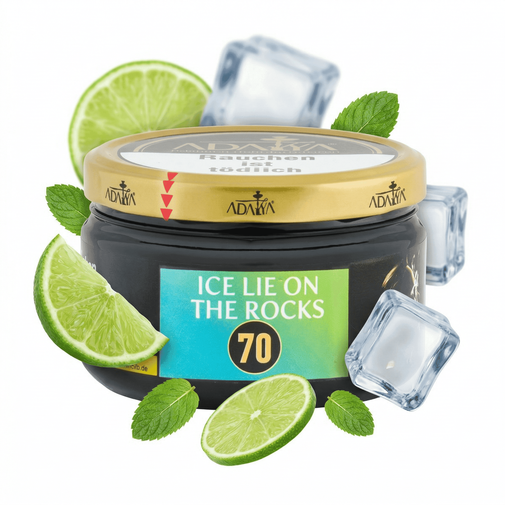 Shisha-Tabak mit Limetten- und Minzgeschmack, Eiswürfel, frische Minzblätter.