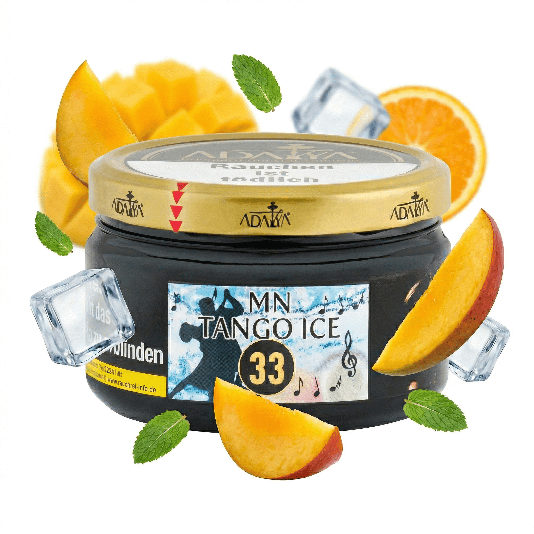 Fruchtige Mango-Shisha mit Eiswürfeln für erfrischendes Raucherlebnis.