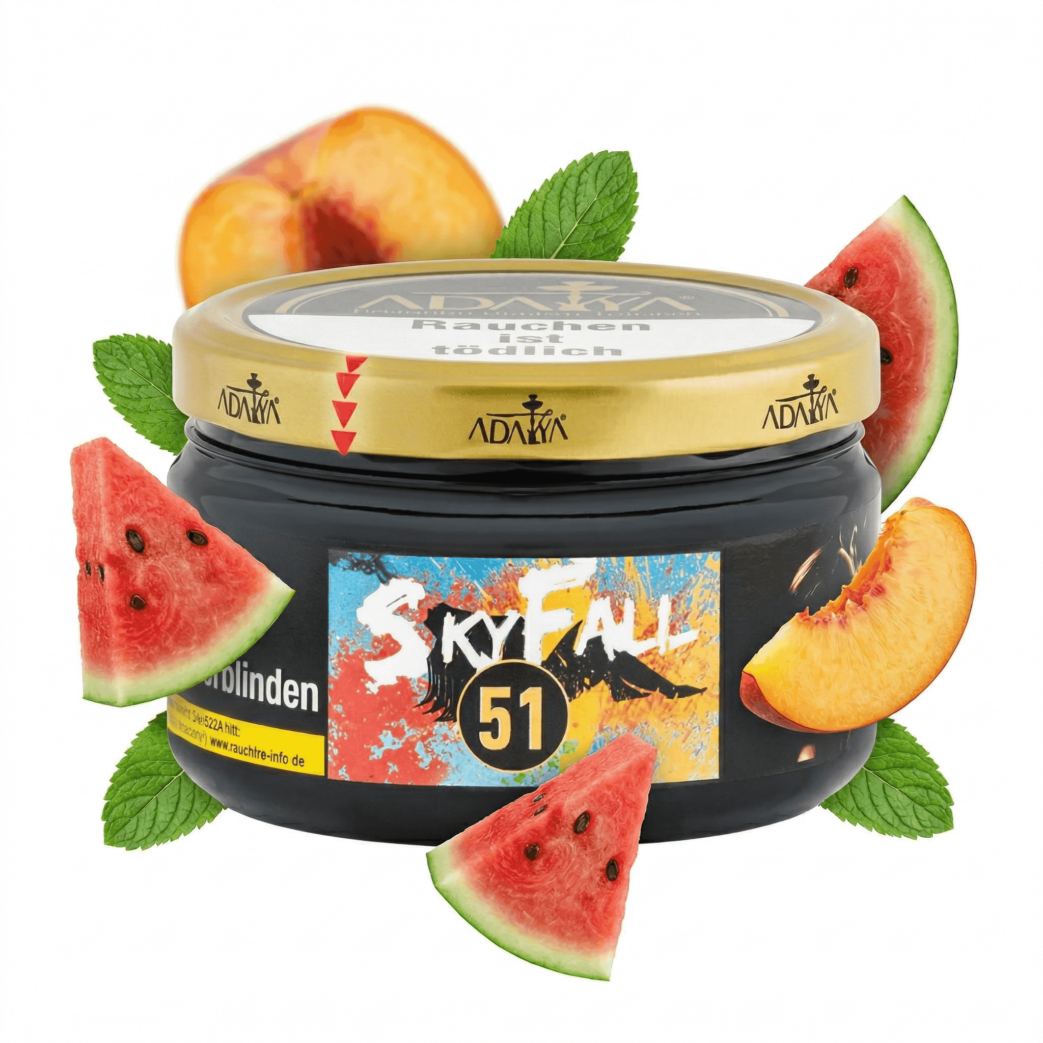 Hochwertiger Shisha Tabak in einer schwarzen Dose mit Fruchtmuster, umgeben von Wassermelonen- und P.