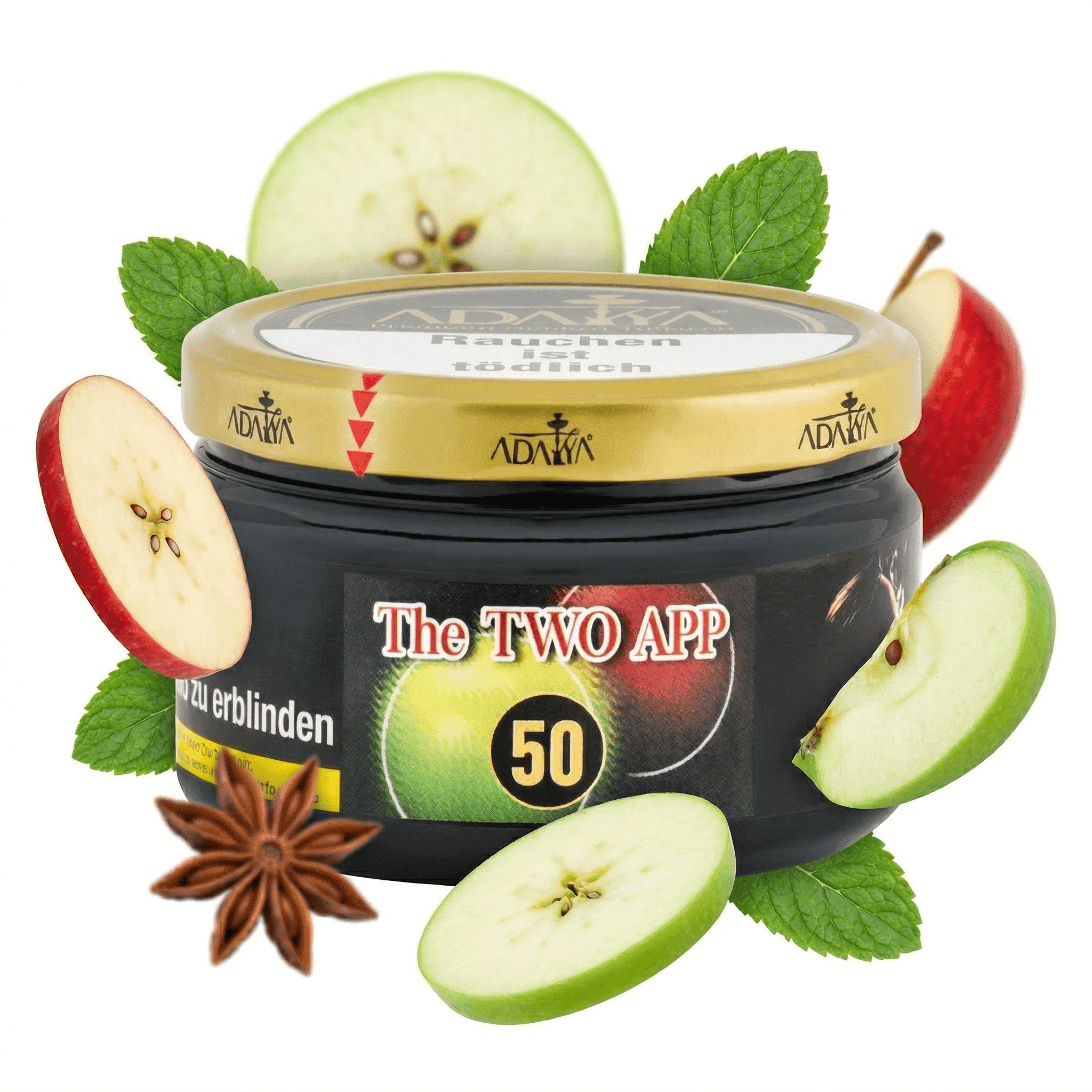 Apfel-Shisha-Tabak mit Fruchtaroma, 50g, in schwarzem Behälter.