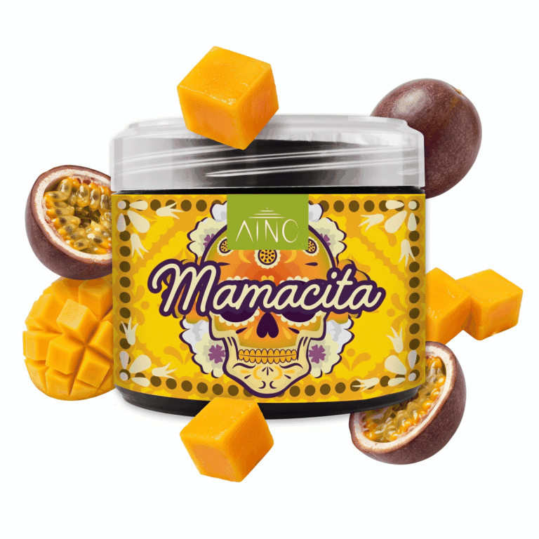 Aino Mamacita 200g Shisha Tabak mit Mango-Maracuja-Geschmack – Dose mit fallenden Mangowürfeln, aufgefächerter Mangohälfte und Maracuja-Hälften