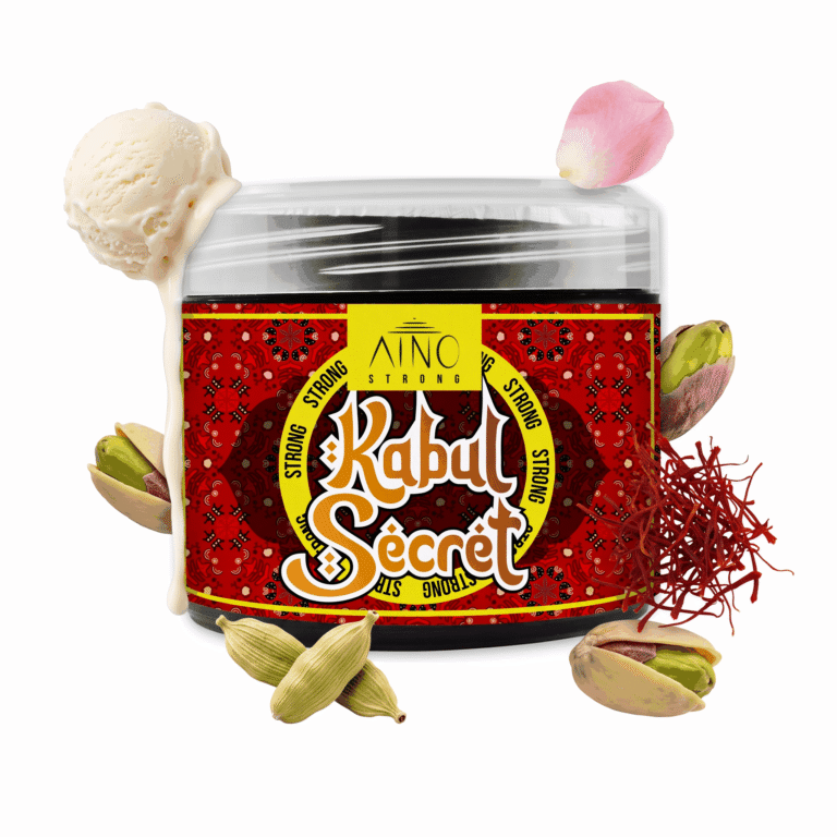 Aino Strong Kabul Secret 200g Shisha Tabak mit Milcheis-Kardamom-Safran-Geschmack – Dose mit fallender Milcheiskugel, zwei Kardamomkapseln, Safranfäden, Pistazienkernen und Rosenblatt