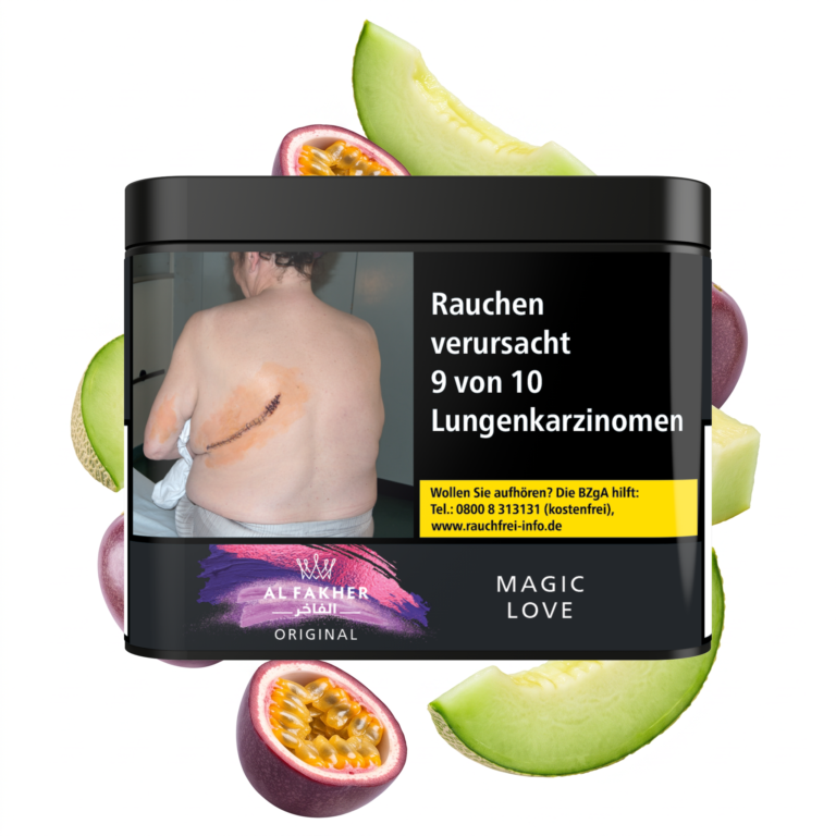 Al Fakher Magic Love 200g Shisha Tabak – Honigmelone und Maracuja: Dose mit schwebenden Melonenspalten und Maracuja-Hälften