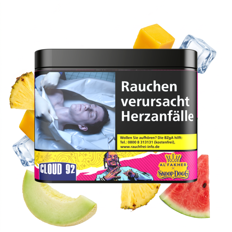 Al Fakher Snoop Dogg Cloud 92 180g Shisha Tabak – Früchtemix mit Ice: Dose mit schwebenden Melonen-, Ananas- und Mangostücken und Eiswürfeln