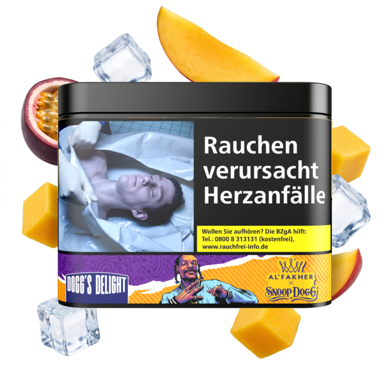 Al Fakher Snoop Dogg Dogg’s Delight 180g Shisha Tabak – Mango und Maracuja: Dose mit schwebenden Mangostücken, Maracuja-Hälften und Eiswürfeln