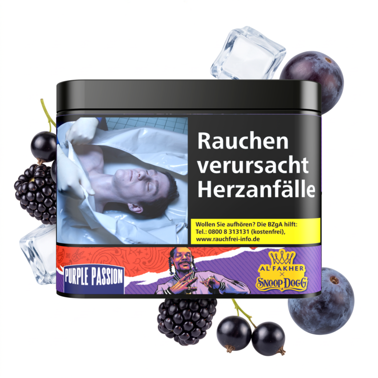 Al Fakher Snoop Dogg Purple Passion 180g Shisha Tabak – Brombeere, Johannisbeere und Traube: Dose mit schwebenden dunklen Beeren und Eiswürfeln