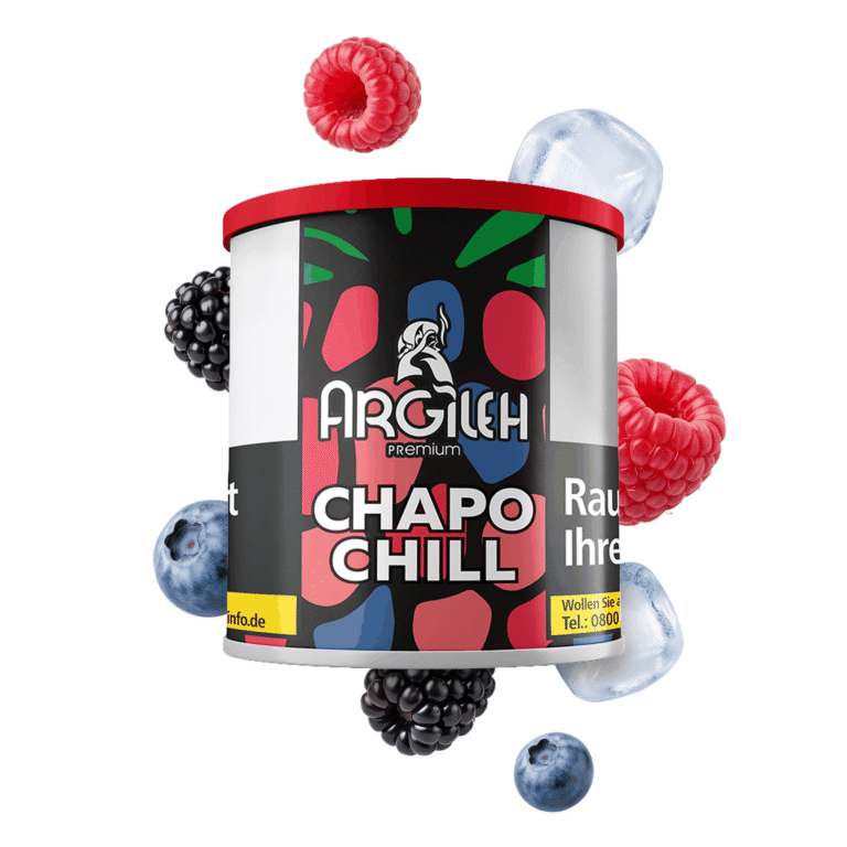 Argileh Chapo Chill 200g Shisha Tabak mit Himbeer-, Beeren- und Ice-Geschmack – Dose mit schwebenden Himbeeren, Brombeeren, Blaubeeren und Eiswürfeln