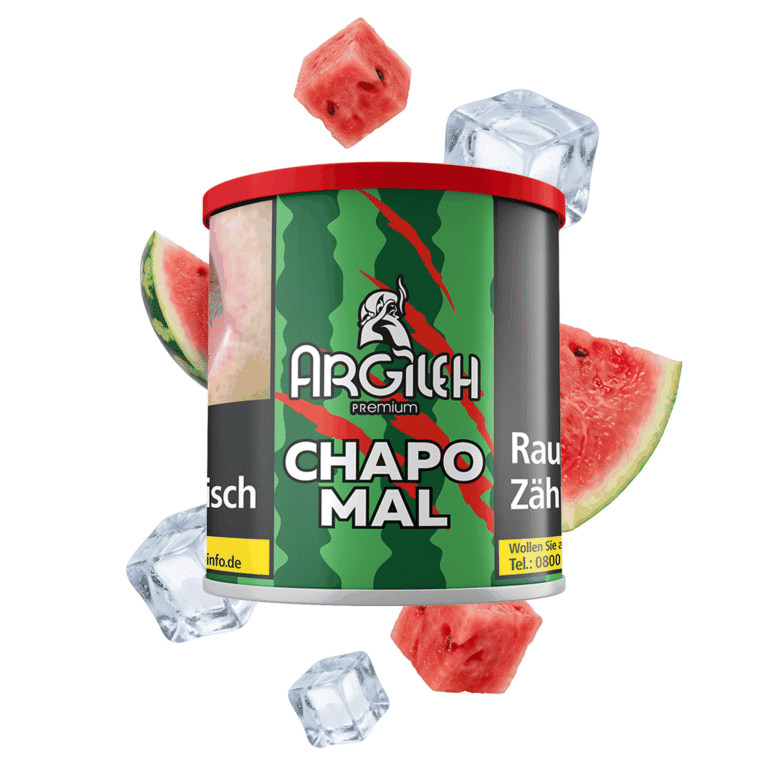 Argileh Chapo MAL 200g Shisha Tabak mit Wassermelonen-Ice-Geschmack – Dose mit schwebenden Wassermelonenstücken und Eiswürfeln
