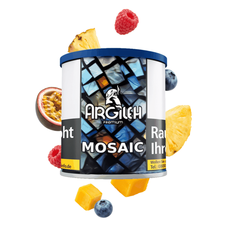 Argileh Mosaic 200g Shisha Tabak mit Früchtemix-Geschmack – Dose mit schwebenden Beeren und exotischen Fruchtstücken