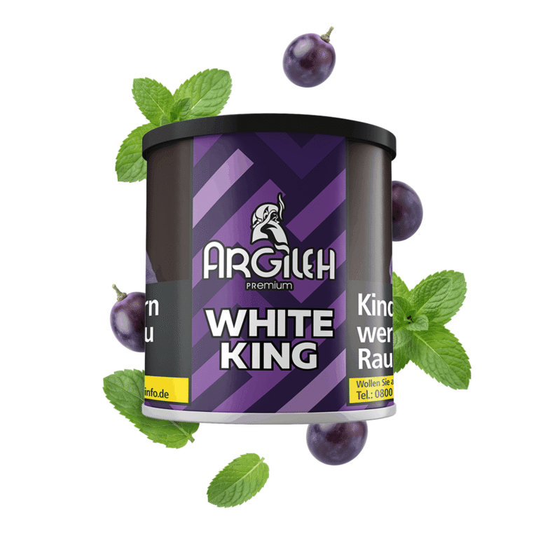Argileh White King 200g Shisha Tabak mit Trauben-Minz-Geschmack – Dose mit schwebenden Trauben und Minzblättern