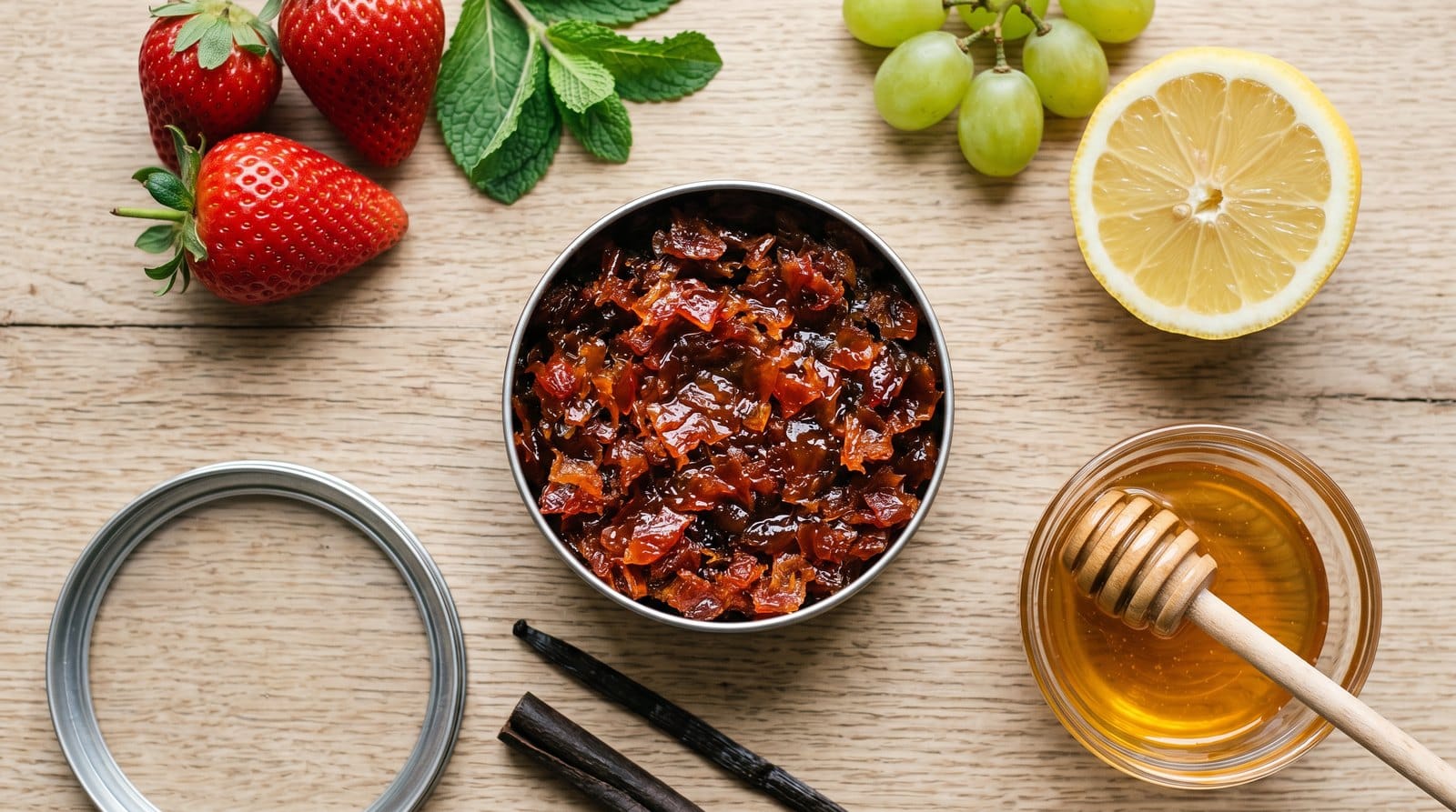 Tabac à chicha avec fraises, raisins, citron et miel sur bois.