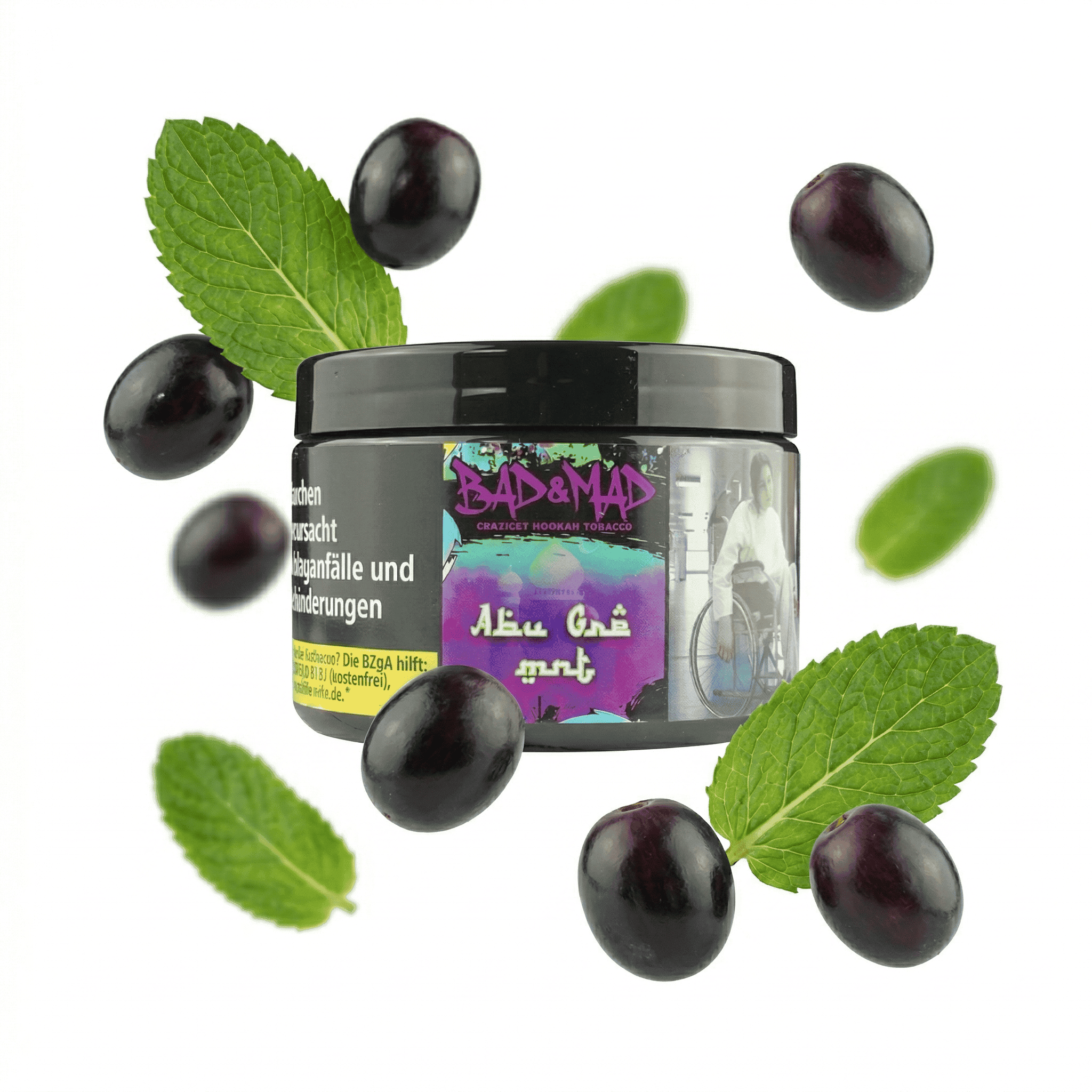 Shisha Tabak mit Traube und Minzgeschmack in Dose, umgeben von Trauben und Minzblättern.