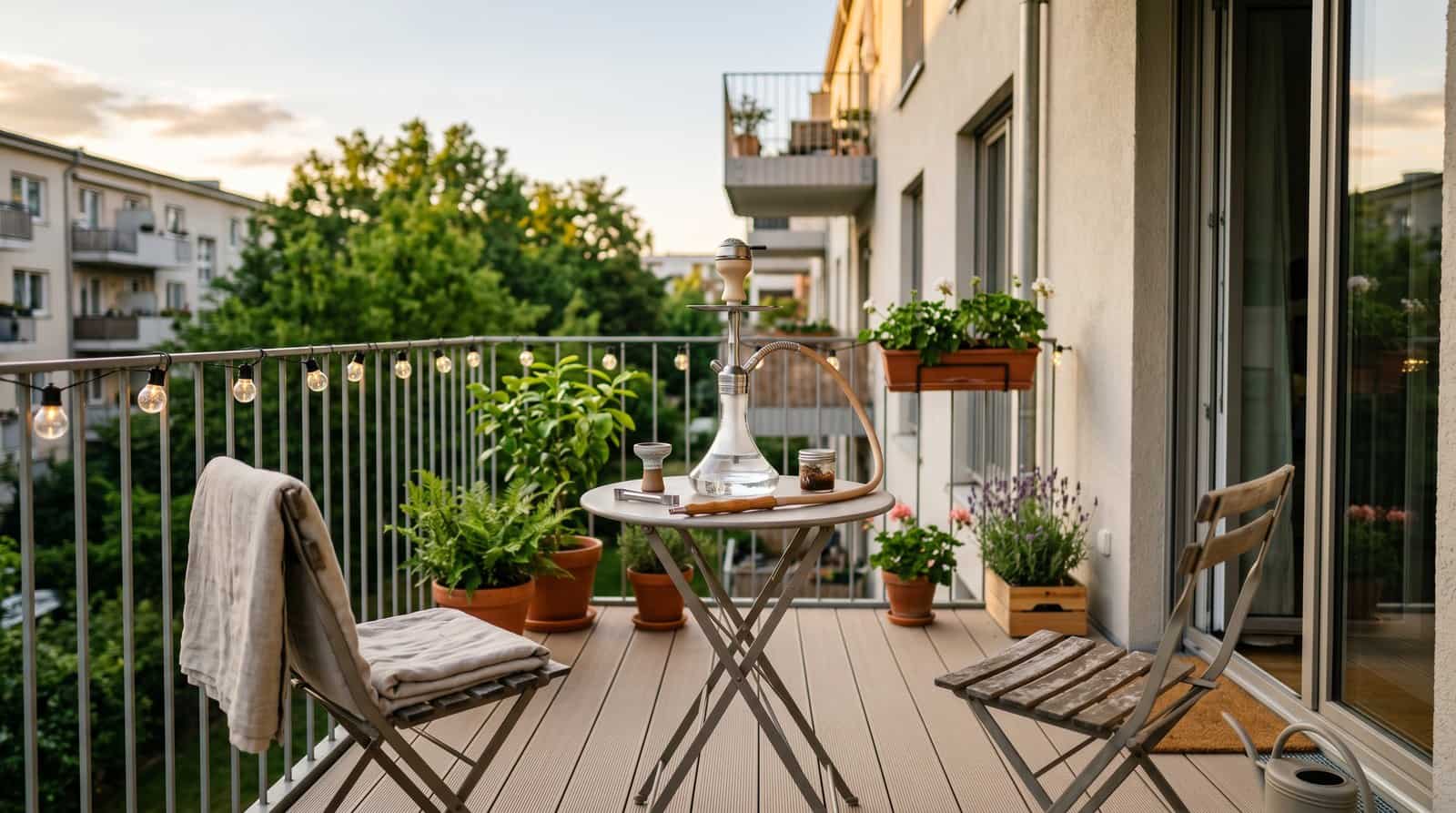 Chicha dans l'appartement et le balcon : Qu'est-ce qui est autorisé ? 2 Balcon avec chicha, plantes et sièges au soleil.