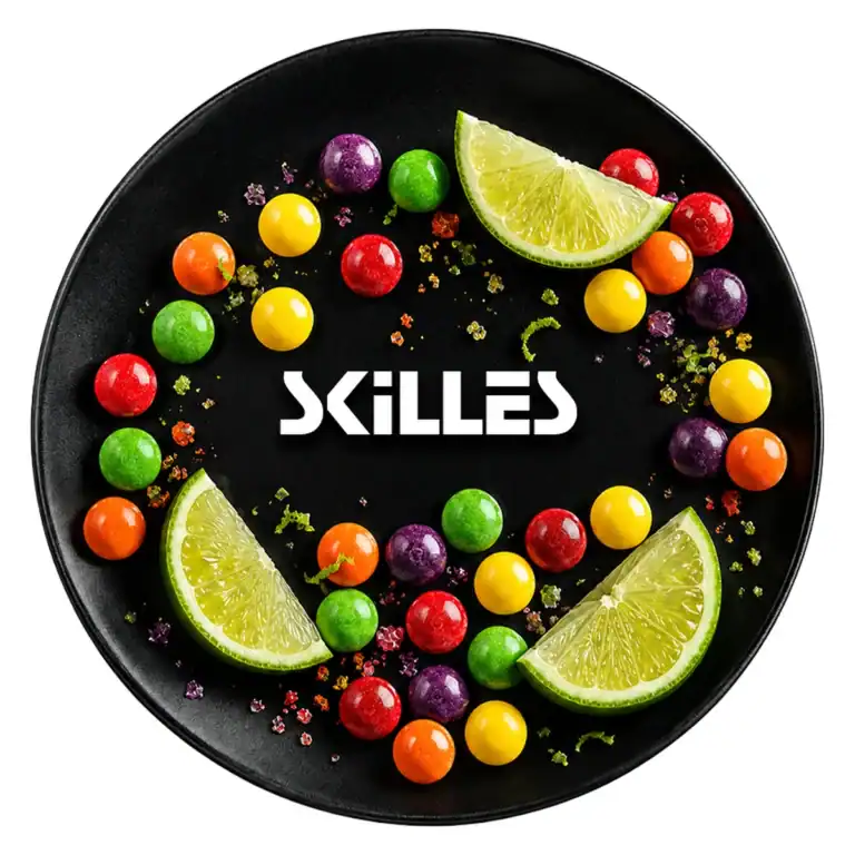 Blackburn Skilles 100g Shisha Tabak – Saure Zitrone, Süßigkeiten / Bonbons auf schwarzem Teller