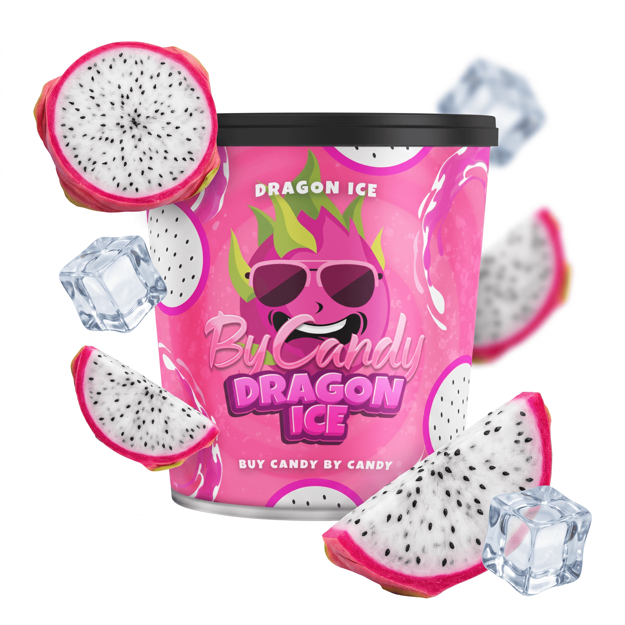 Eiscreme-Behälter mit Dragon Ice Design, pinkes Verpackungsdesign, Drachen-Logo, und Eiswürfeln.