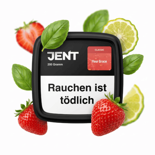 JENT Shisha Tabak mit Früchten und Warnhinweis auf Verpackung.