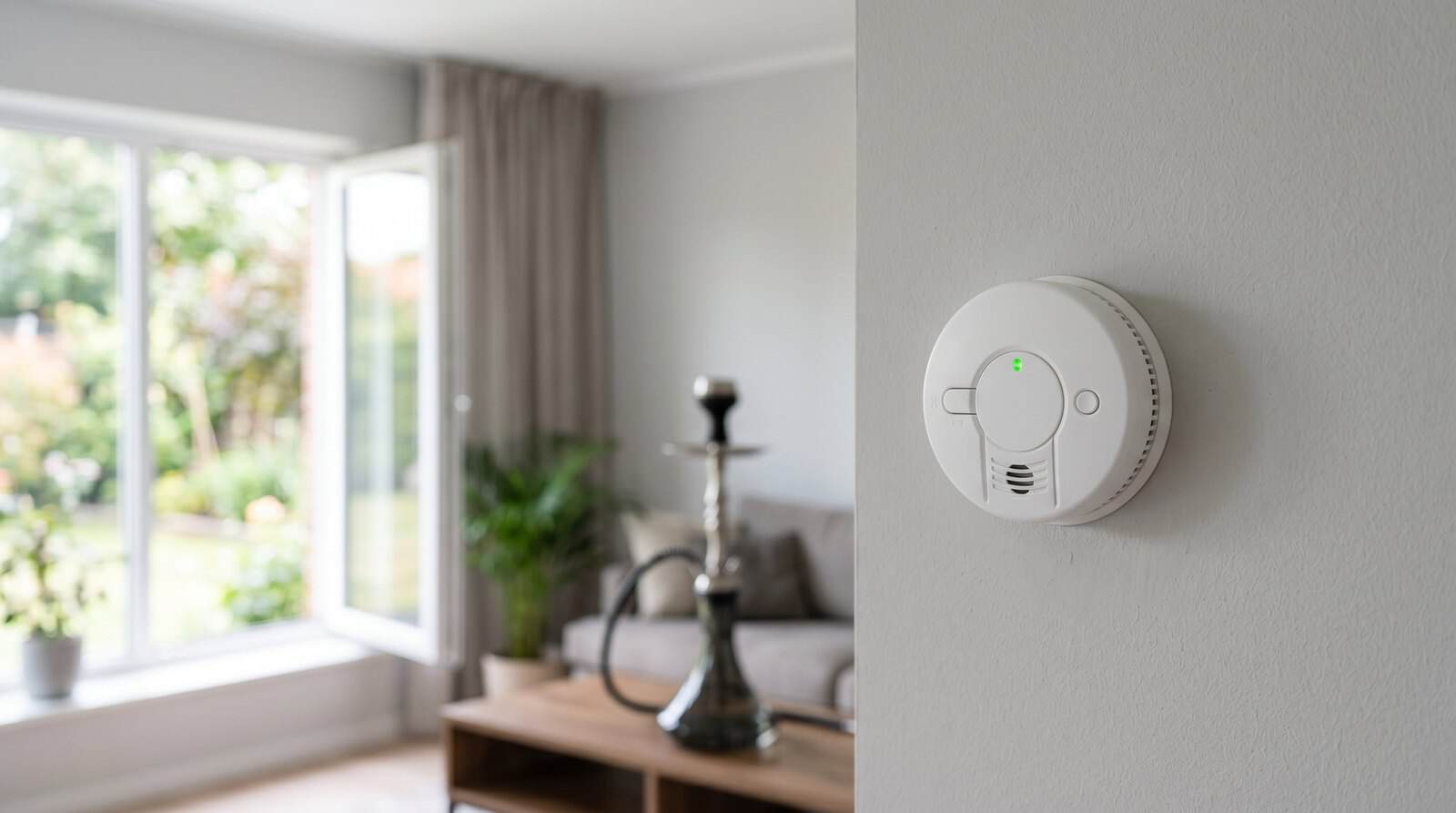Chicha dans l'appartement et le balcon : Qu'est-ce qui est autorisé ? 3 Détecteur de fumée au mur dans le salon moderne.