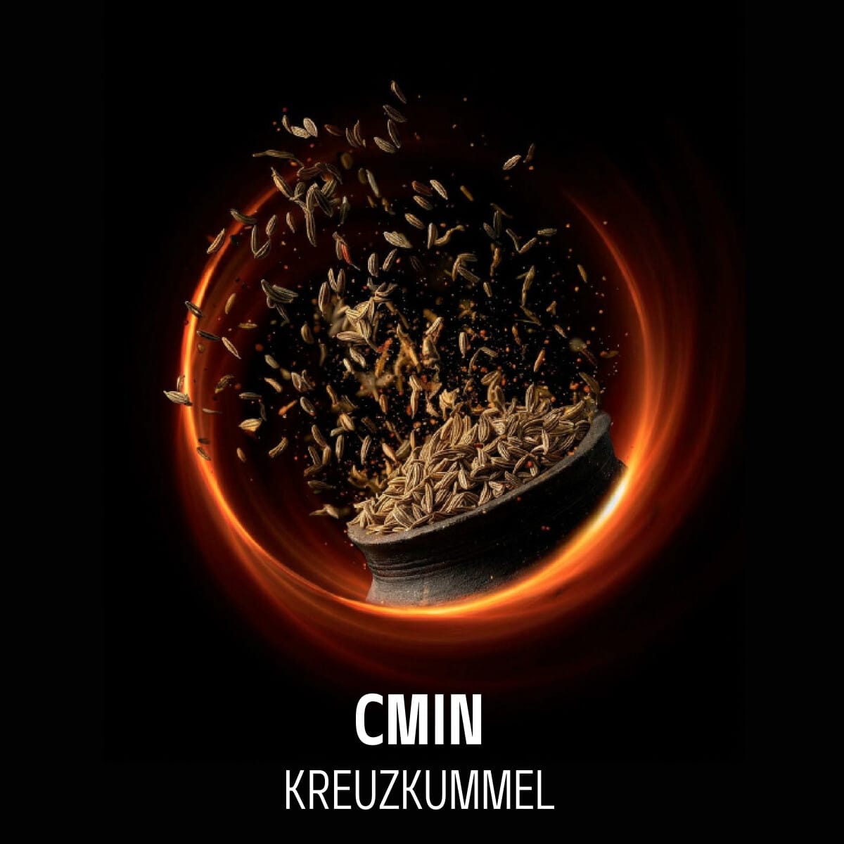 Gerste in einer Schüssel, umgeben von einem roten Feuerkreis, mit Text "CMIN KREUZKUMMEL" darunter.