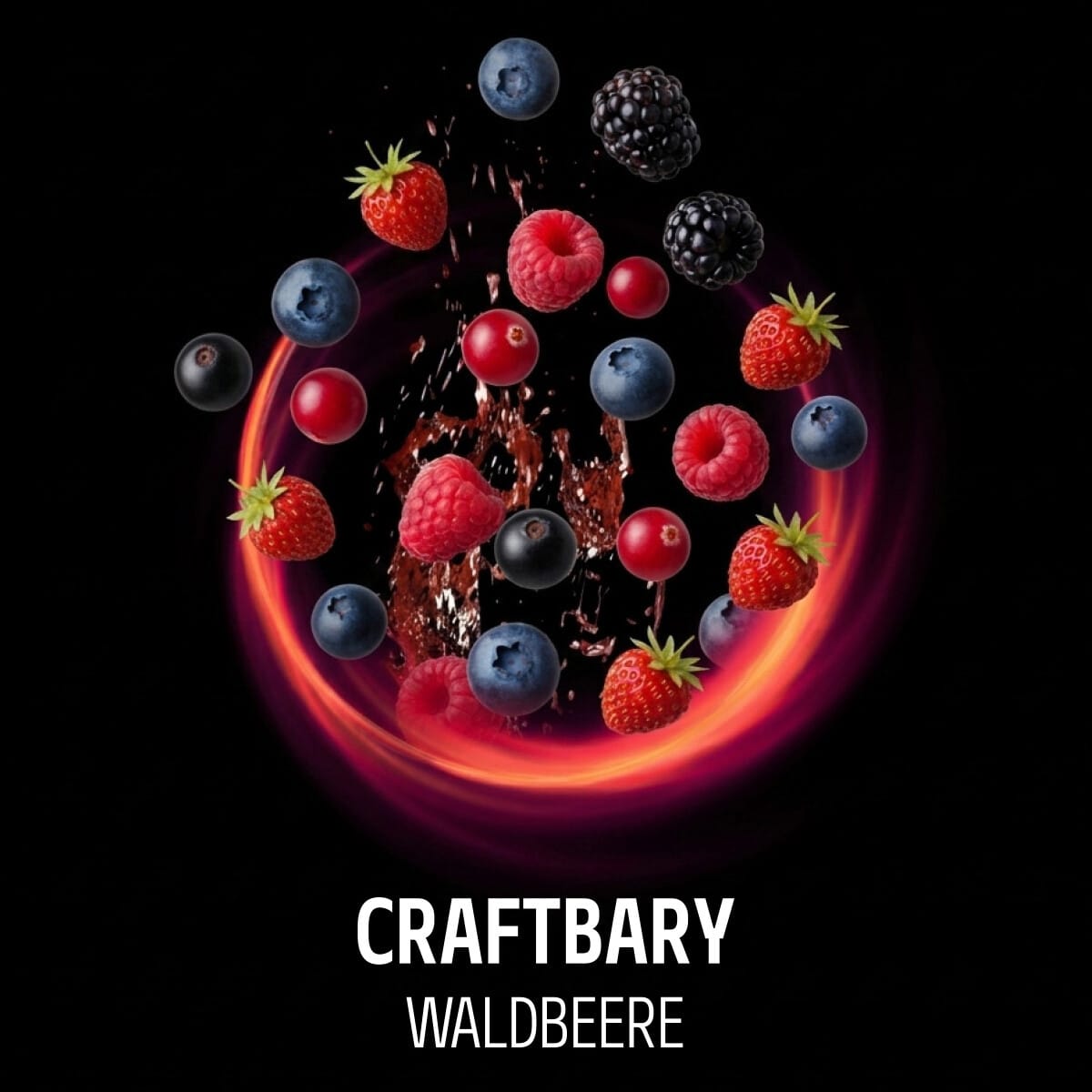 Früchte-Mix mit Beeren und Waldfrüchten, umgeben von Flammen und dunklem Hintergrund.