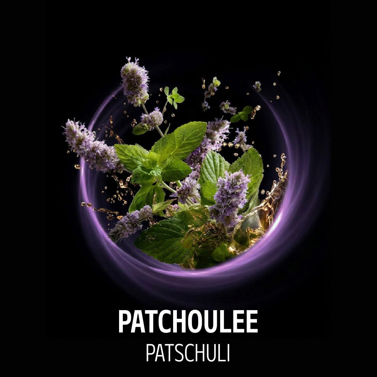Frische Patchoulee mit Minzblättern und Lavendel, umgeben von einem leuchtenden violetten Aura.