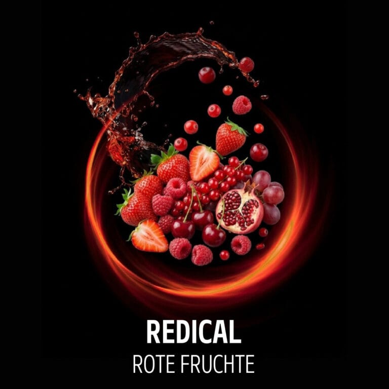 Fruit mix with berries and pomegranate, surrounded by water and fire, on a black background.