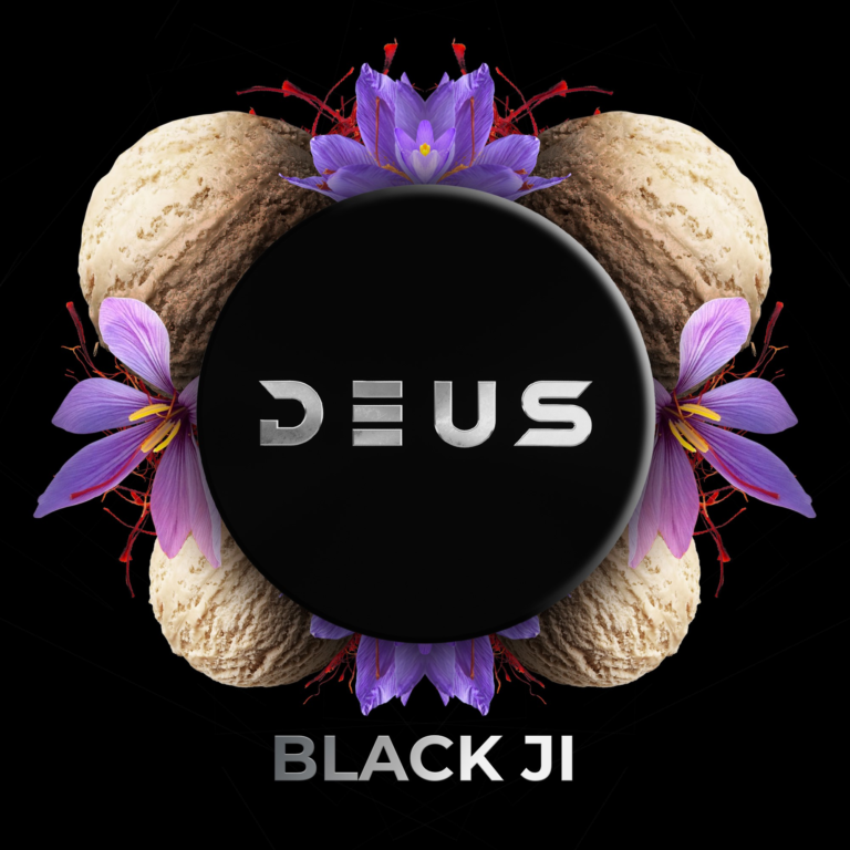 DEUS Black Ji 100g Shisha Tabak – Safraneis: schwarze DEUS-Dose zwischen Safranblüten und Eiskugeln
