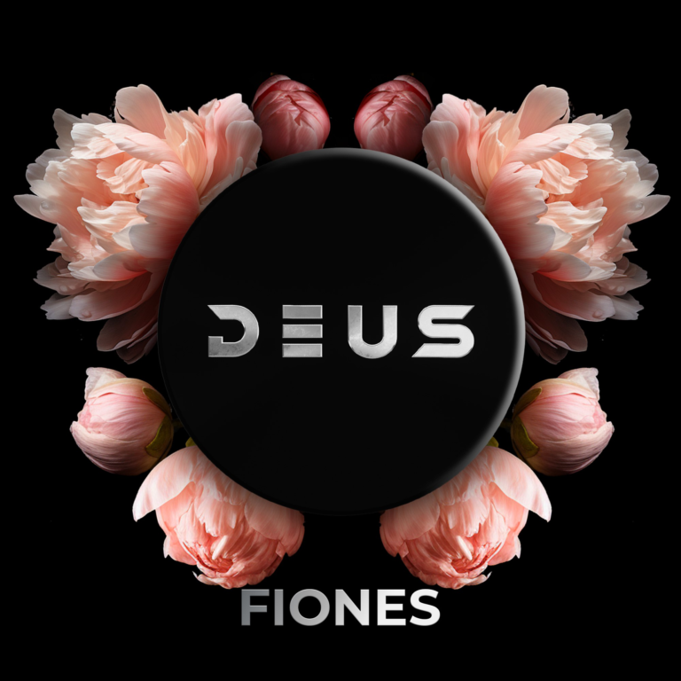 DEUS Fiones 100g Shisha Tabak – Pfingstrose: schwarze DEUS-Dose zwischen rosa Pfingstrosenblüten
