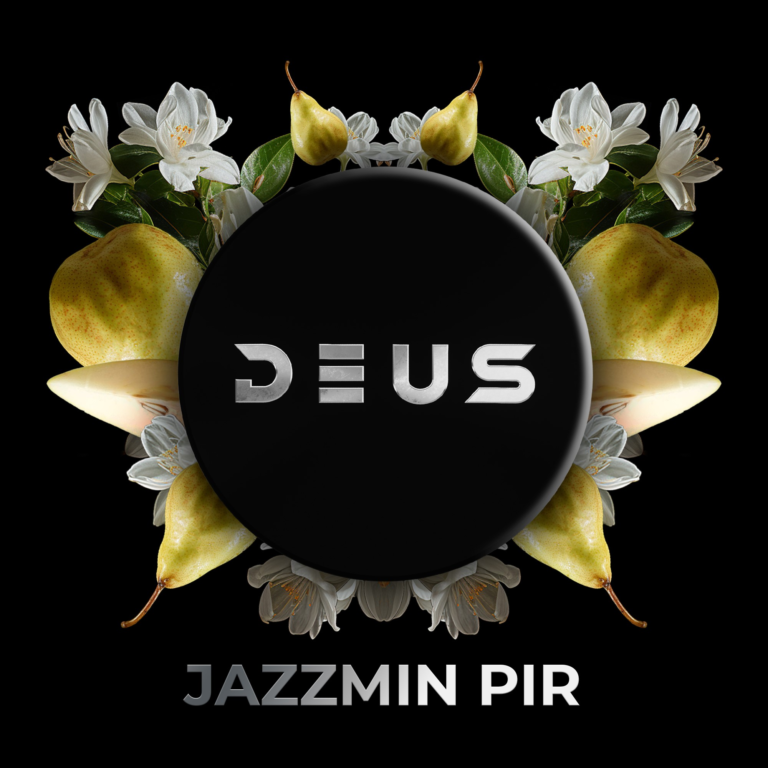 DEUS Jazzmin Pir 100g Shisha Tabak – Jasmin & Birne: schwarze DEUS-Dose zwischen Birnen und weißen Jasminblüten