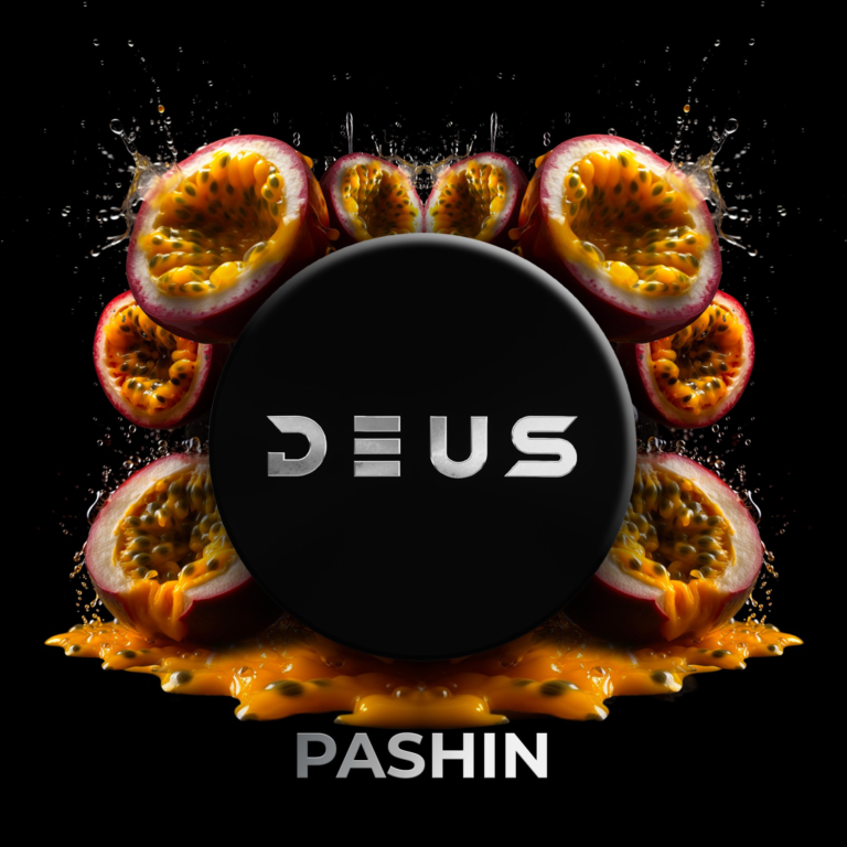 DEUS Pashin 100g Shisha Tabak – Passionsfrucht: schwarze DEUS-Dose zwischen aufgeschnittenen Passionsfrüchten