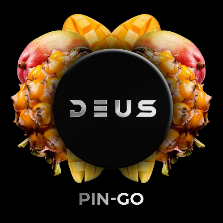 DEUS Pin-Go 100g Shisha Tabak – Ananas und Mango: schwarze DEUS-Dose zwischen Ananas- und Mangostücken