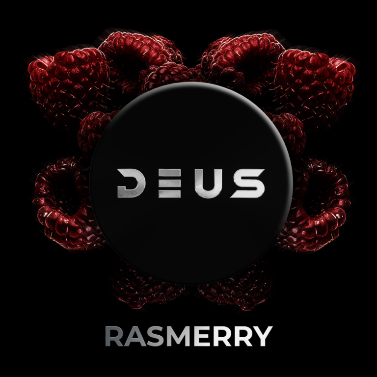 DEUS Rasmerry 100g Shisha Tabak – Himbeere: schwarze DEUS-Dose zwischen reifen Himbeeren