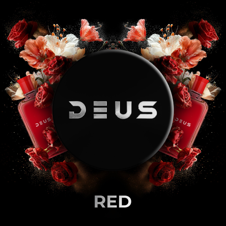 DEUS Red 100g Shisha Tabak – Blumiges Parfüm: schwarze DEUS-Dose zwischen roten Blüten und roten Parfümflakons