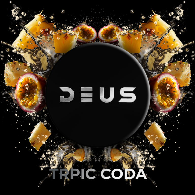 DEUS Trpic Coda 100g Shisha Tabak – Tropische Soda: schwarze DEUS-Dose zwischen tropischen Früchten, Passionsfrüchten und Spritzern