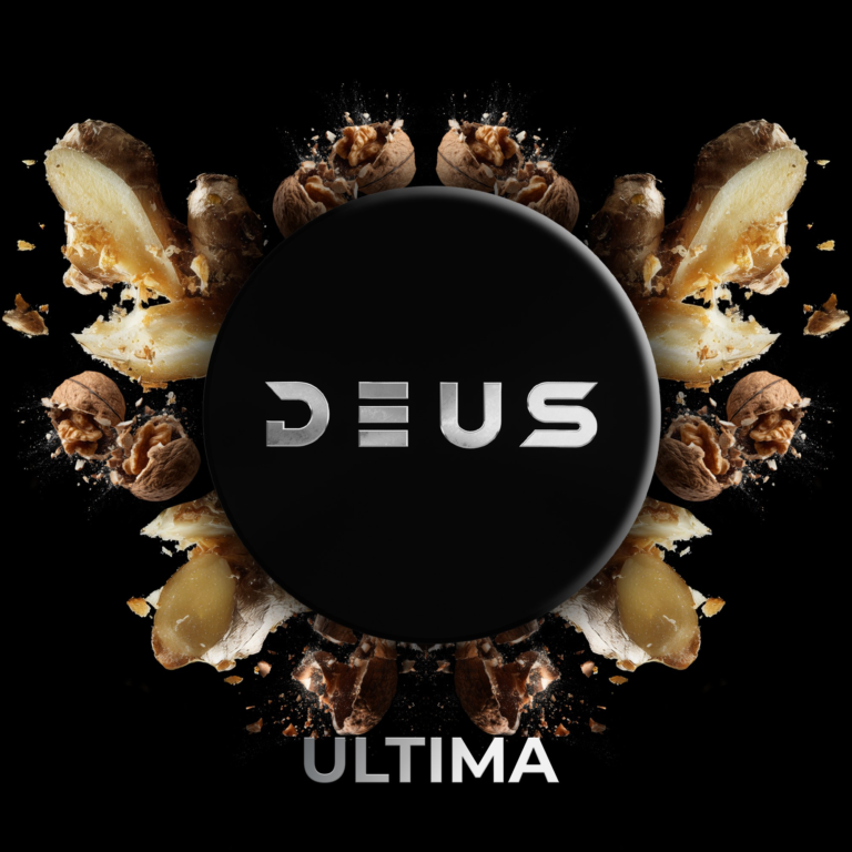 DEUS Ultima 100g Shisha Tabak – Walnuss & Ingwer: schwarze DEUS-Dose zwischen Walnüssen und Ingwer