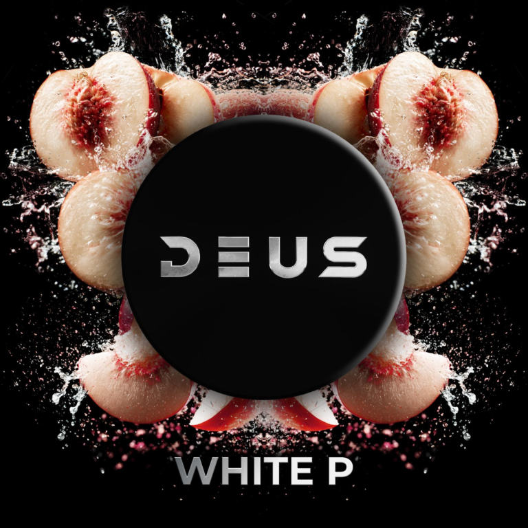 DEUS White P 100g Shisha Tabak – Weißer Pfirsich: schwarze DEUS-Dose zwischen weißen Pfirsichhälften und Saftspritzern