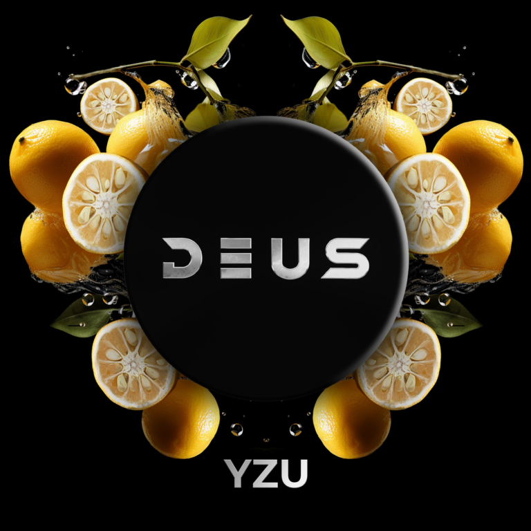 DEUS Yzu 100g de tabac à chicha – Yuzu : boîte DEUS noire entre des fruits de yuzu coupés et des feuilles