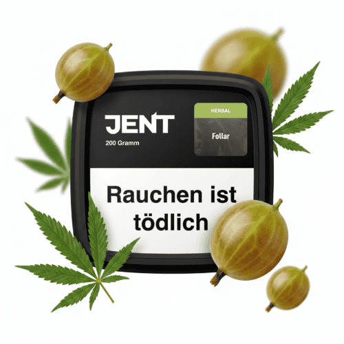 JENT Herbal Füllung mit Warnhinweis, umgeben von Marihuana-Blättern und Goji-Beeren.