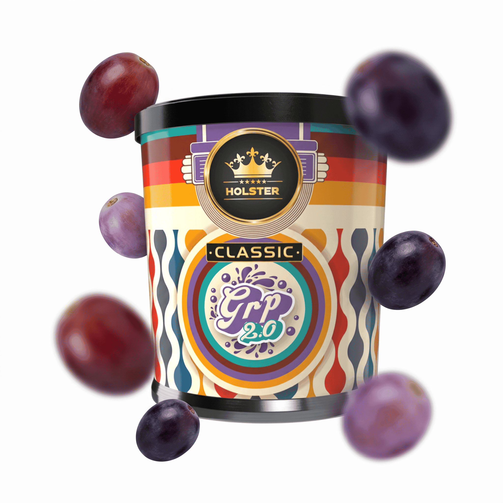 Shisha Tabak in Dose mit Traubenmotiven, umgeben von frischen Trauben.