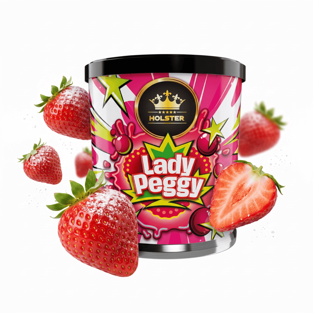 Süße Erdbeeren umgeben einen Lady Peggy Shisha-Tabak in einer bunten Verpackung.