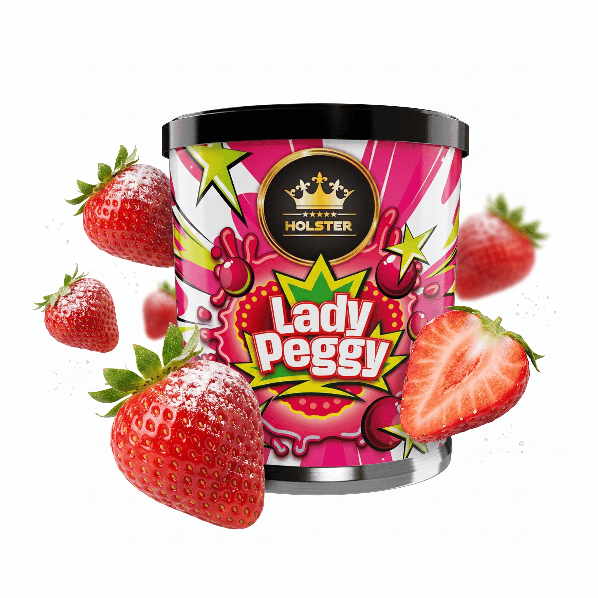 Süße Erdbeeren umgeben einen Lady Peggy Shisha-Tabak in einer bunten Verpackung.